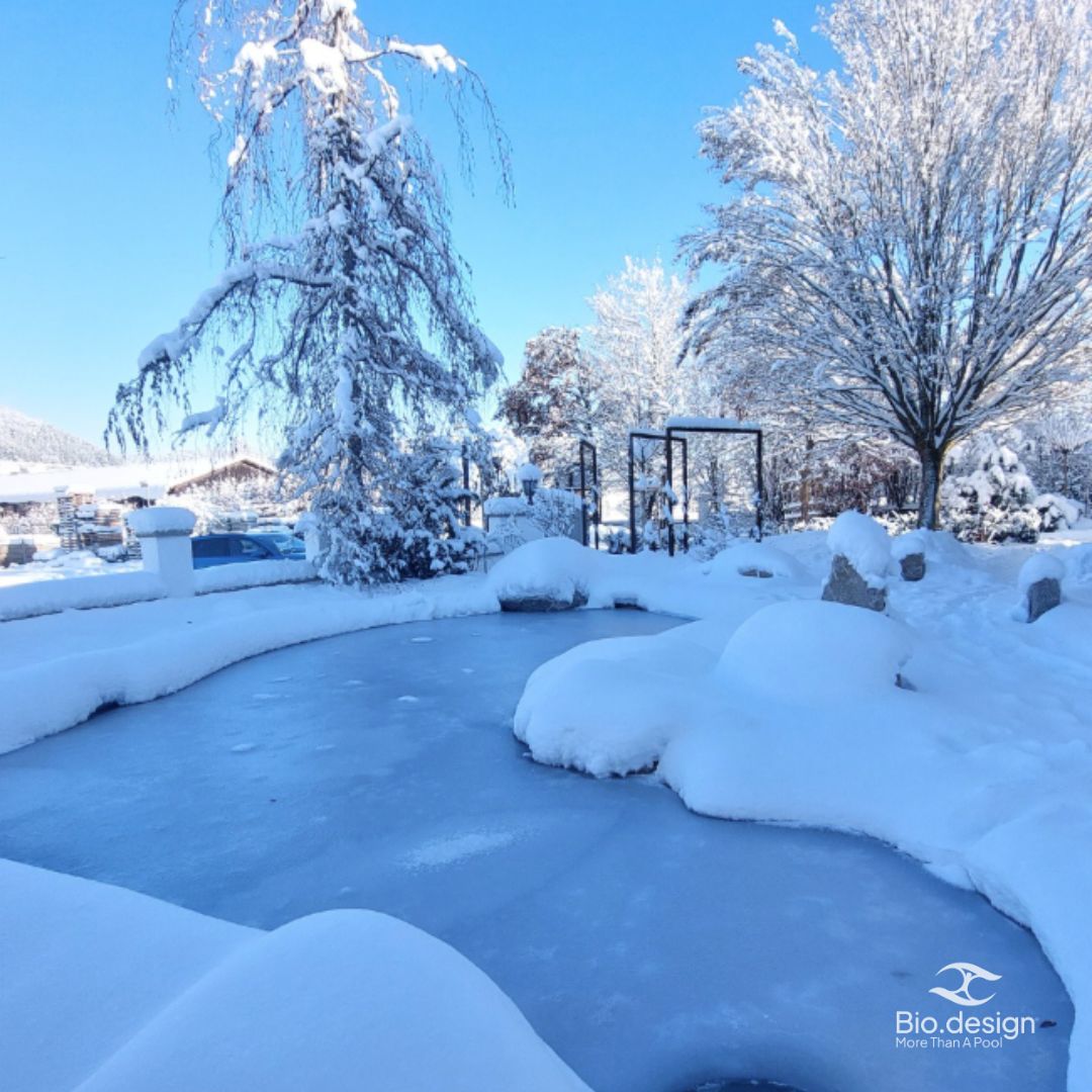 Biodesign Pool im Winter mit Schnee und Eis